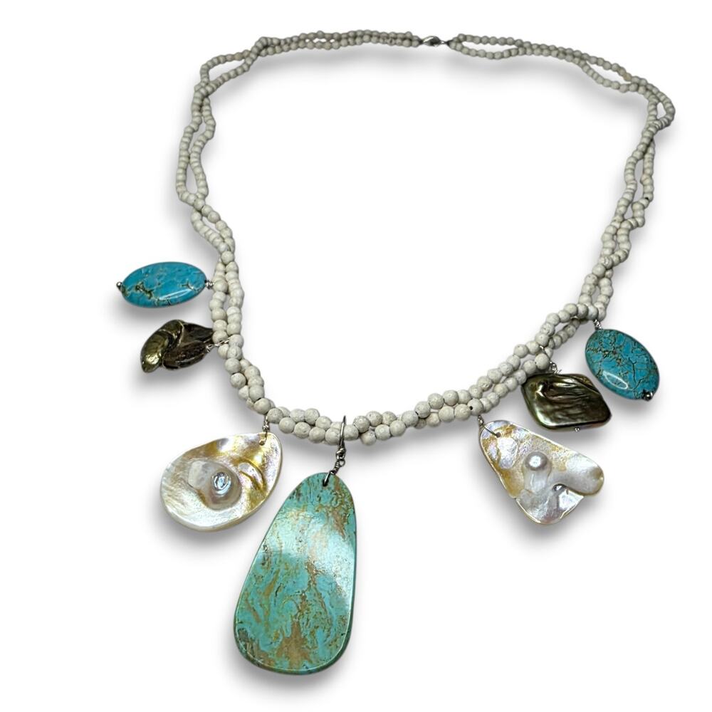 Turquoise Stone Pearl Jasper Necklace Sterling Silver 925 Handmade Beaded Boho